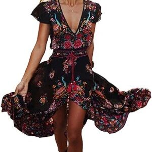 Black Floral & Peacock Print Cinch-Waist Mini Dress with Red Accents
